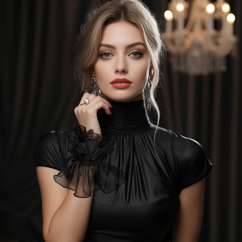 UQJE 2PCS Women's Lace Feather Long Gloves Gothic Mesh Cuff Wedding Halloween Party - Image 4